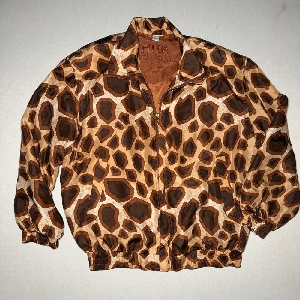 VTG FUDA Giraffe Print Jacket Large Animal Print Windbreaker‎ Safari Bomber